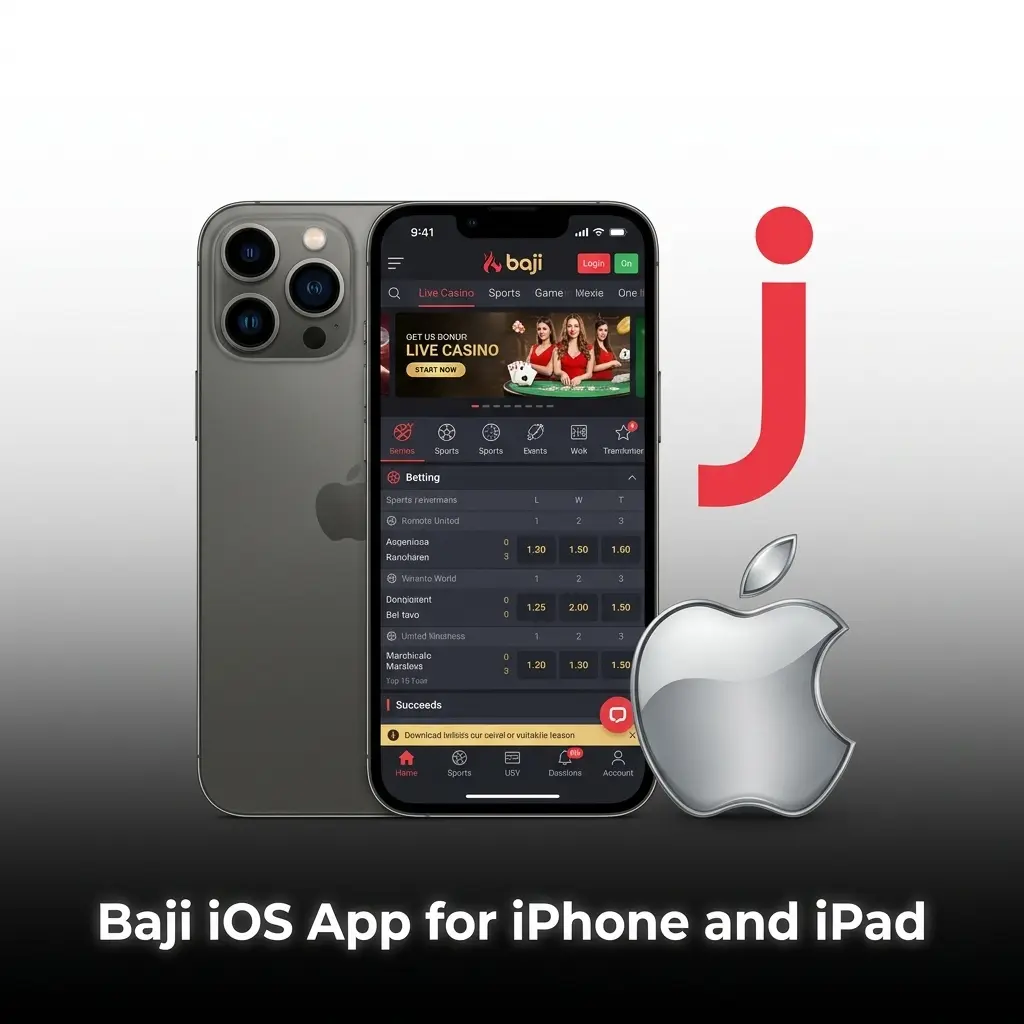 Baji iOS app interface displayed on iPhone and iPad showing sports betting and casino games features