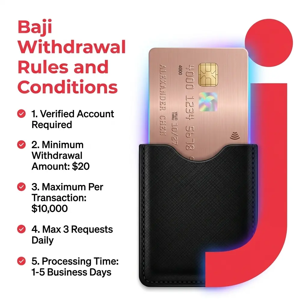 Baji withdrawal rules in Bangladesh covering KYC verification, bonus wagering, payment methods, limits, and BDT currency