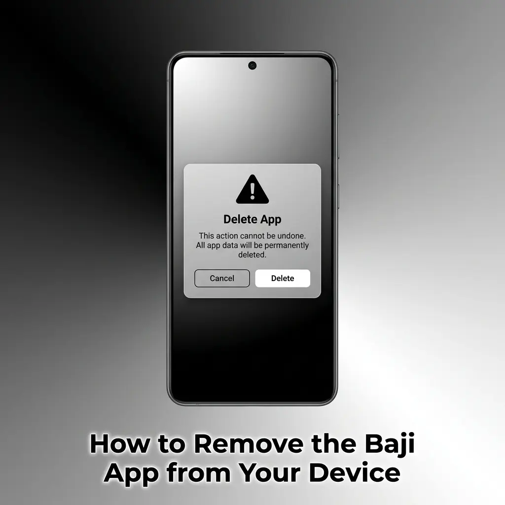 Step-by-step guide showing how to uninstall the Baji app on Android and iPhone devices without losing account data