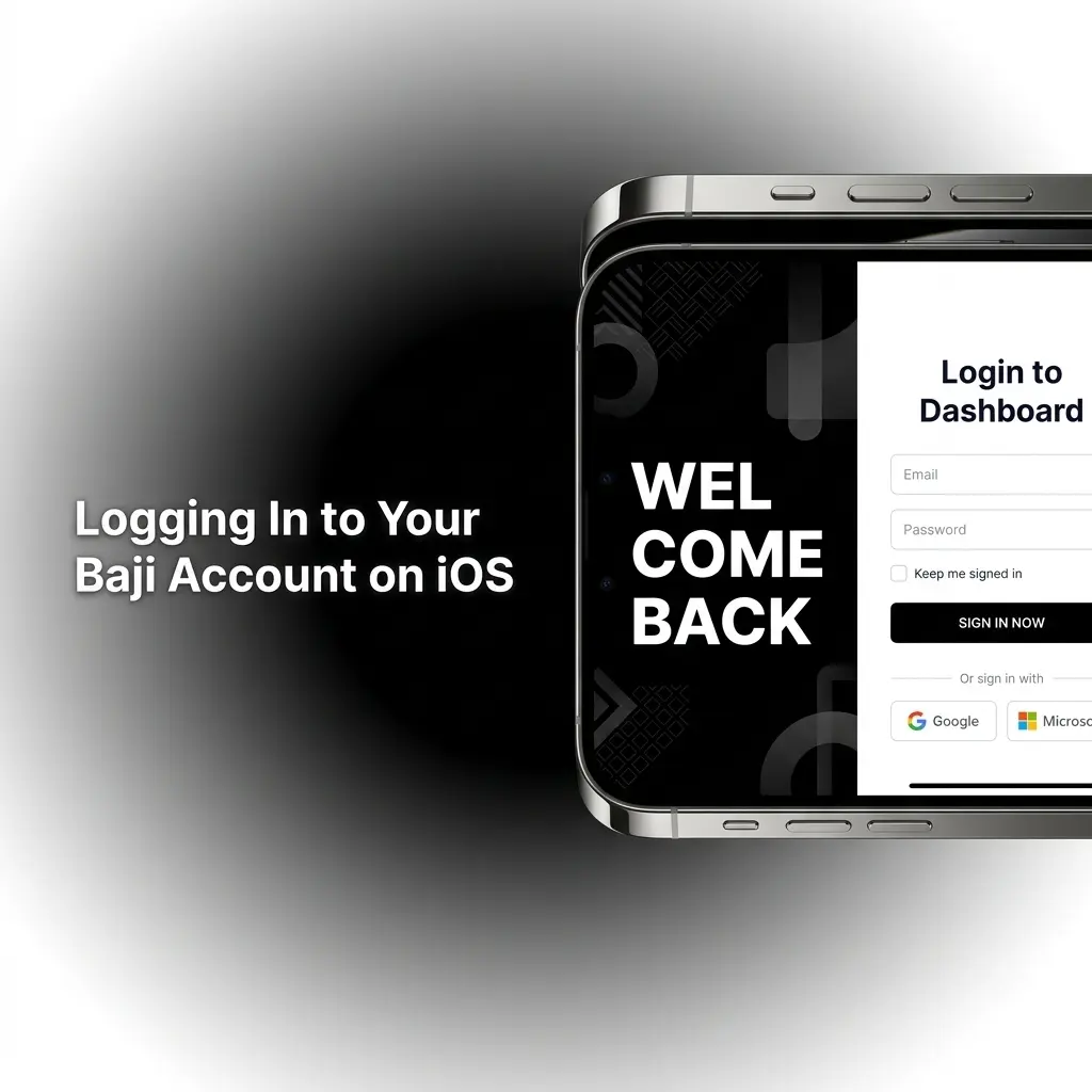 Baji app iOS login screen showing Log In button, mobile number field, password entry, and Face ID option on iPhone